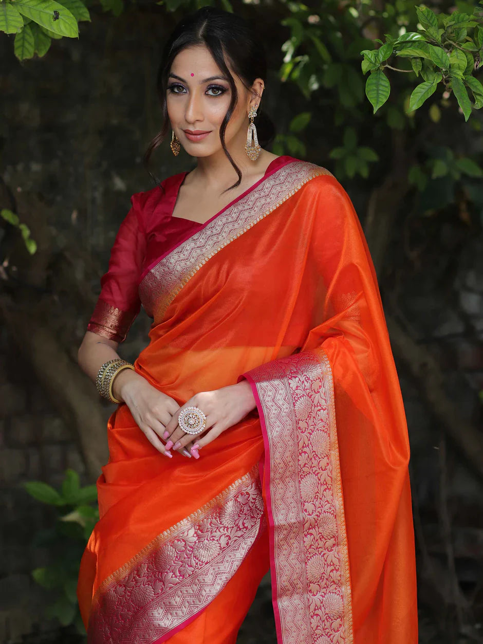 Orange Kanjivaram Organza Silk Saree with Pink Golden Zari Border
