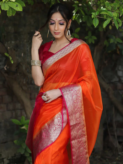 Orange Kanjivaram Organza Silk Saree with Pink Golden Zari Border