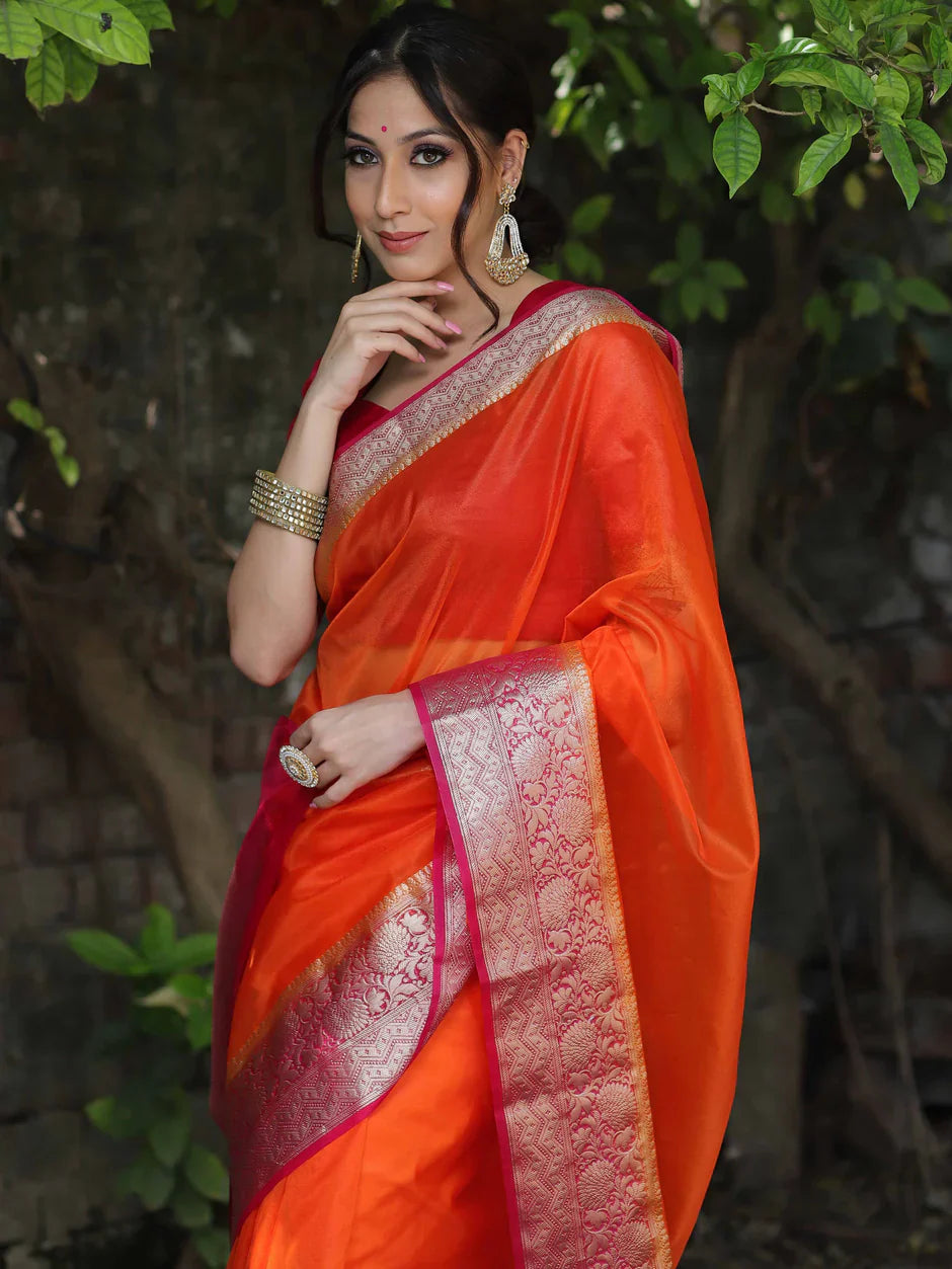 Orange Kanjivaram Organza Silk Saree with Pink Golden Zari Border