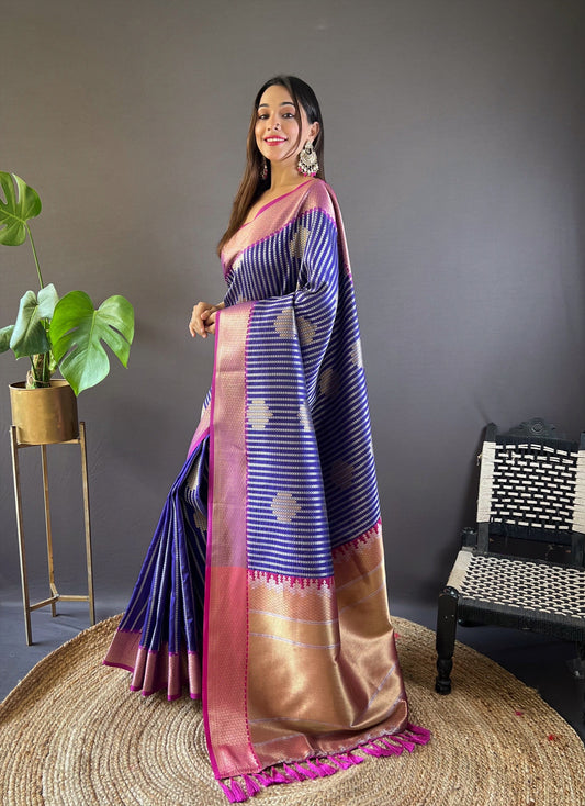 Navy Blossom Zari Woven Saree