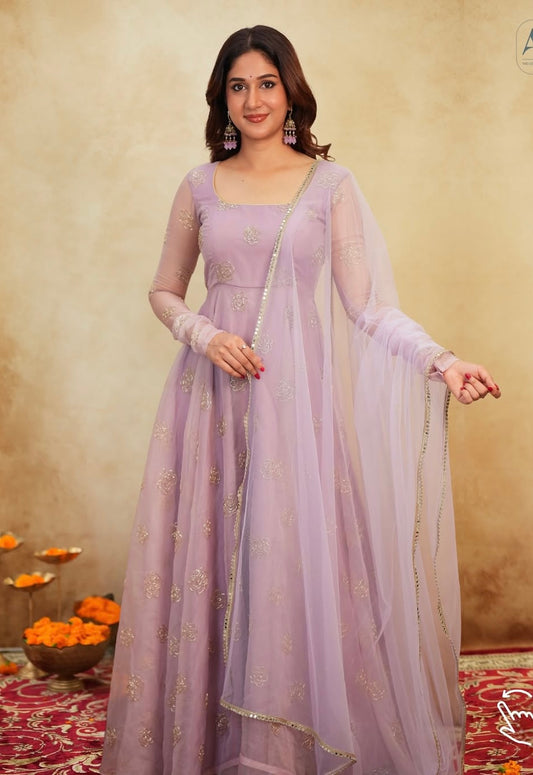 Soft Organza Handwork Embroidered Gown Set with Pants & Organza Dupatta