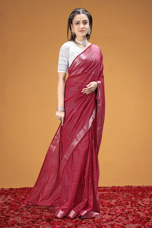 Royal Wine Shimmer Linen Saree