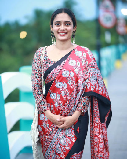 Premium Black Ajrakh Saree with Red Printed Border & Rich Pallu