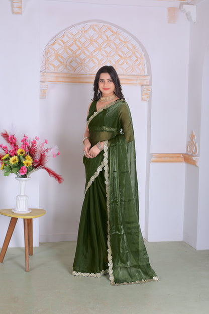 Royal Olive Green Designer Silk Saree with Elegant Golden Lace Border