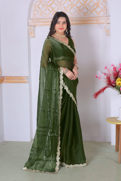 Royal Olive Green Designer Silk Saree with Elegant Golden Lace Border