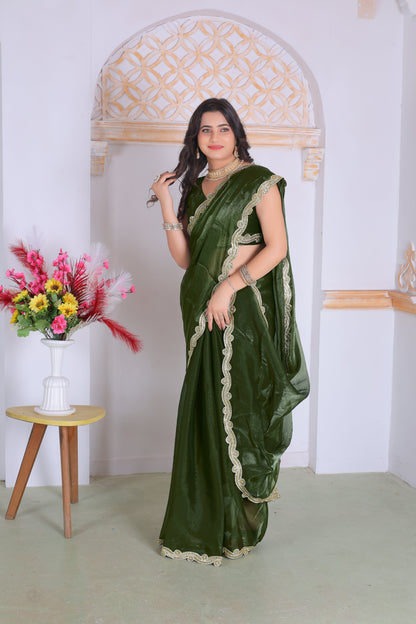 Royal Olive Green Designer Silk Saree with Elegant Golden Lace Border