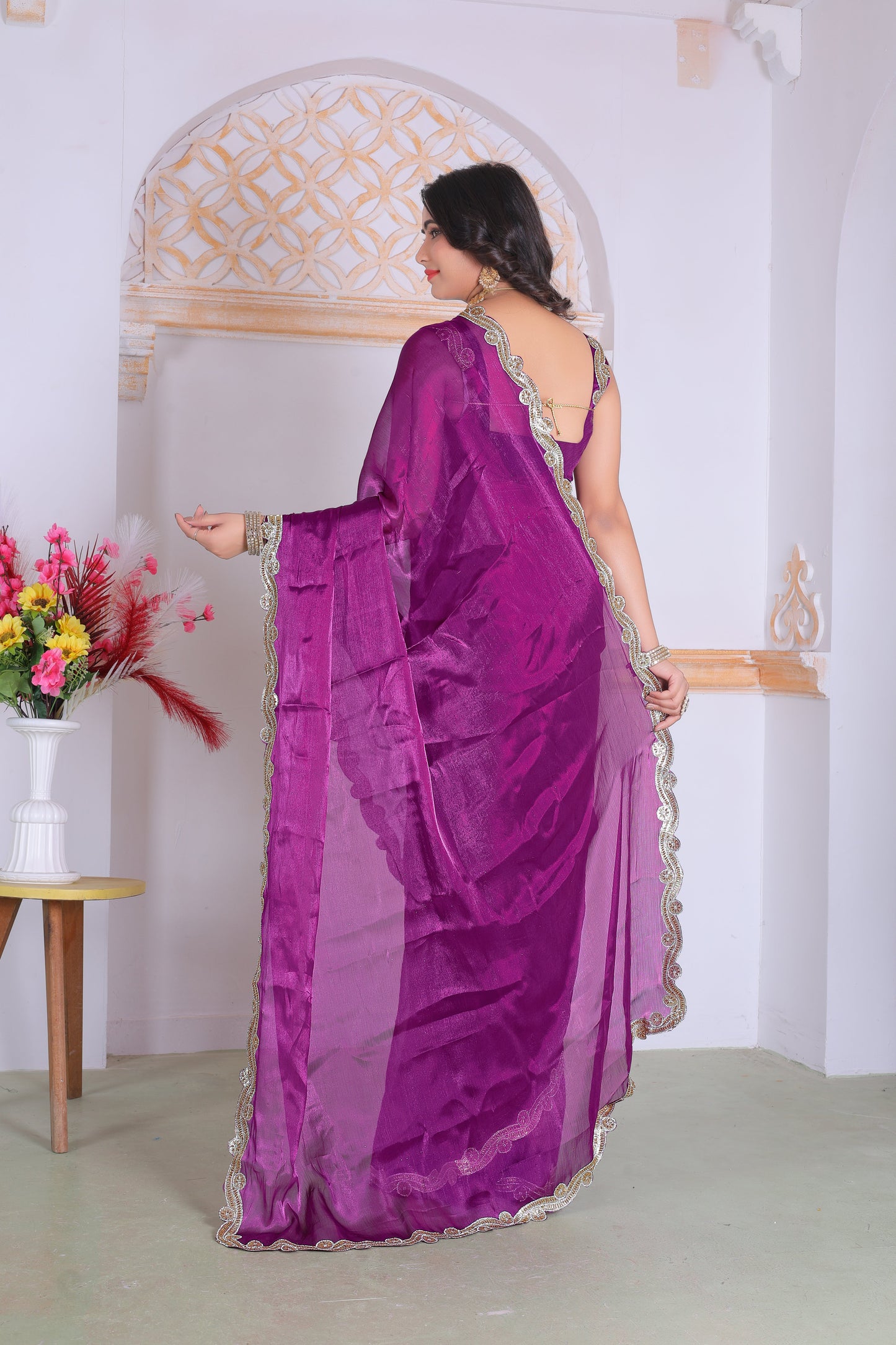 Royal Purple Designer Silk Saree with Elegant Golden Lace Border