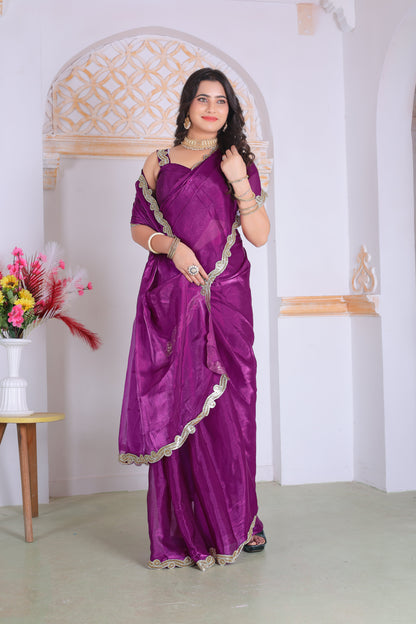 Royal Purple Designer Silk Saree with Elegant Golden Lace Border