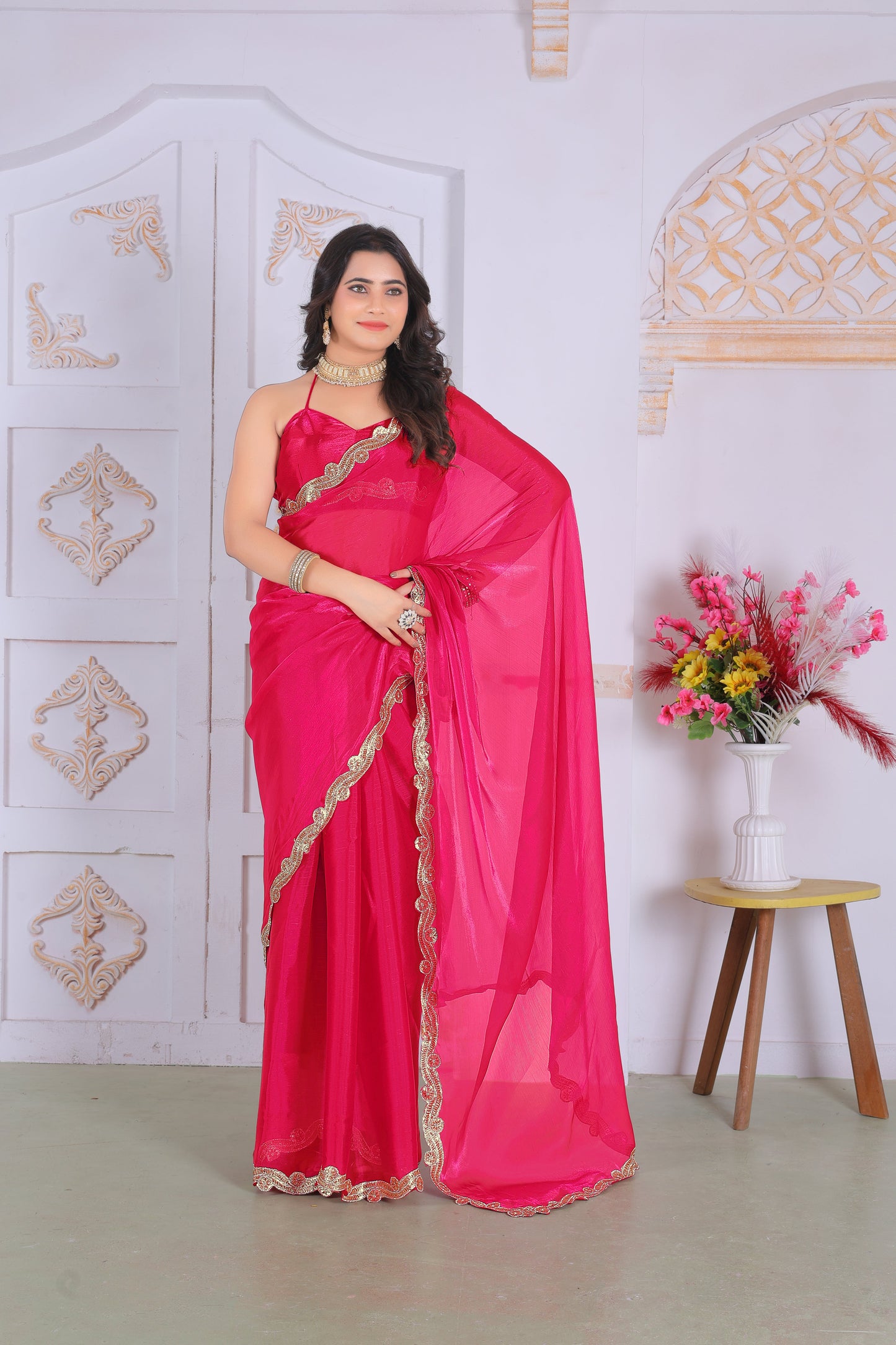 Royal Crimson Pink Designer Silk Saree with Luxurious Golden Lace Border