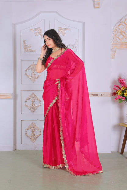 Royal Crimson Pink Designer Silk Saree with Luxurious Golden Lace Border
