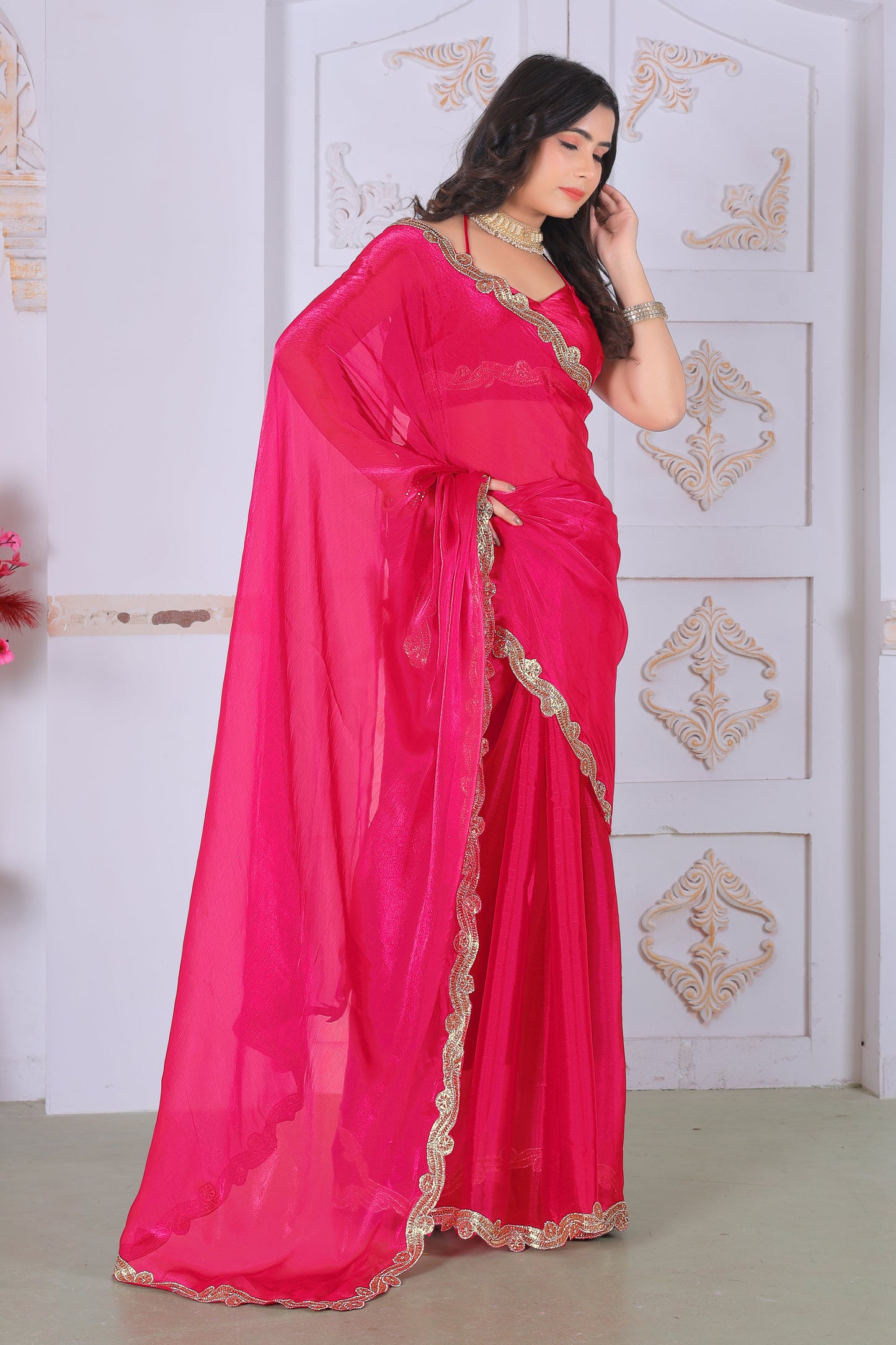 Royal Crimson Pink Designer Silk Saree with Luxurious Golden Lace Border