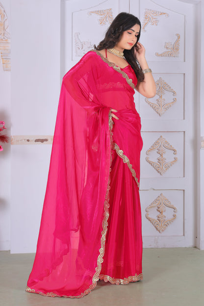 Royal Crimson Pink Designer Silk Saree with Luxurious Golden Lace Border
