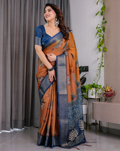Royal Blue Border Ethnic Printed Saree