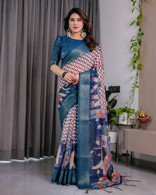 Chevron Print Saree with Royal Blue Zari Border & Artistic Pallu