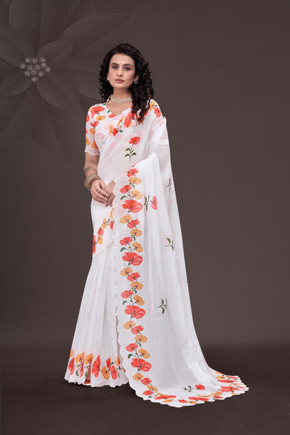 Pure White Floral Print Linen Saree with Elegant Scallop Border