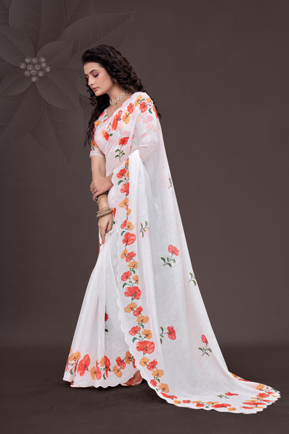 Pure White Floral Print Linen Saree with Elegant Scallop Border