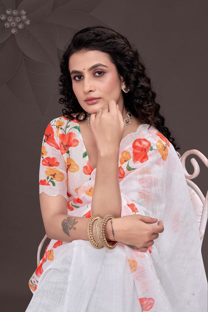Pure White Floral Print Linen Saree with Elegant Scallop Border