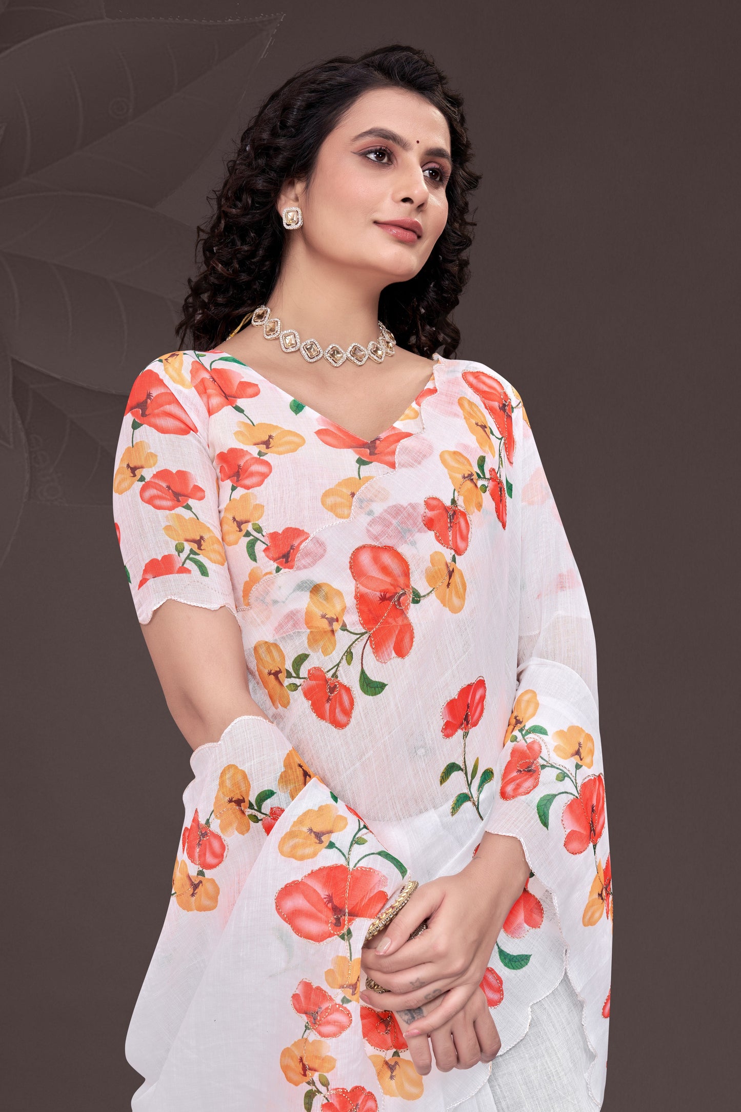 Pure White Floral Print Linen Saree with Elegant Scallop Border