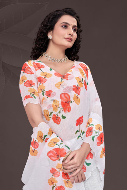 Pure White Floral Print Linen Saree with Elegant Scallop Border