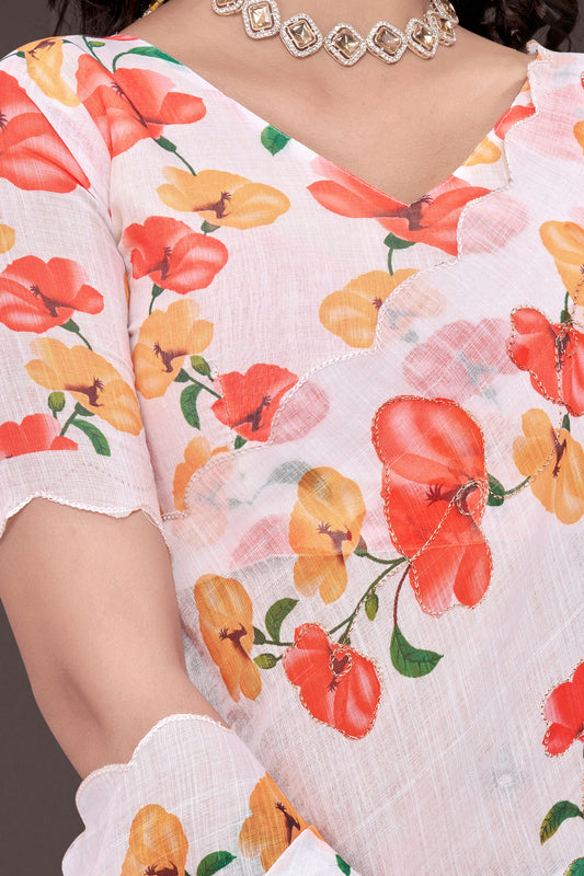 Pure White Floral Print Linen Saree with Elegant Scallop Border