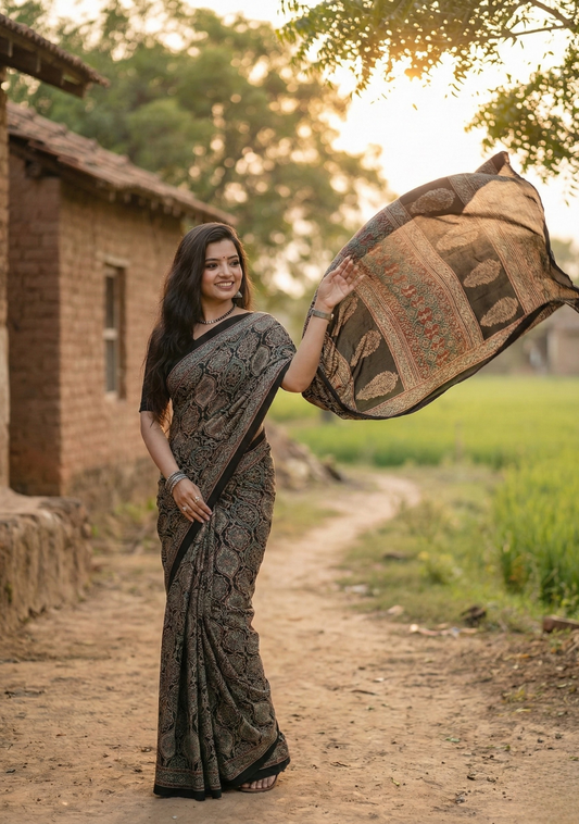 Premium Black Soft Silk Saree with Ajrakh Motifs & Designer Border