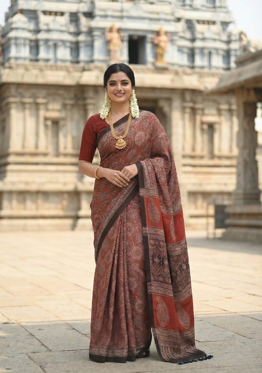 Rust Red Ajrakh Print Soft Silk Saree – Elegant Ethnic Wear for Festive & Daily Styling