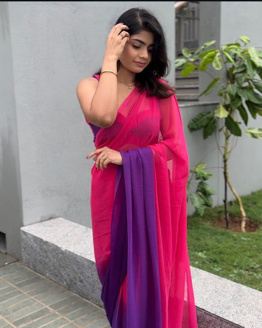 Soft Organza Dual Shade Saree in Pink and Purple