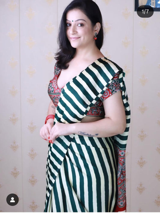 GREEN AND OFFWHITE AJRAKH PALLU SAREE