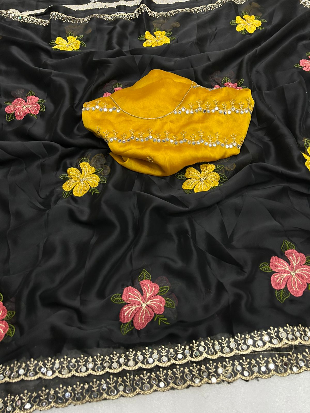 Rangoli Floral Embroidered Saree with Mirror Work Border & Mustard Designer Blouse