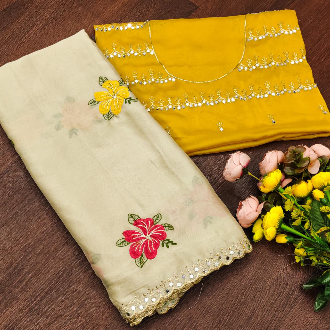 Rangoli Floral Embroidered Saree with Mirror Work Border & Mustard Designer Blouse