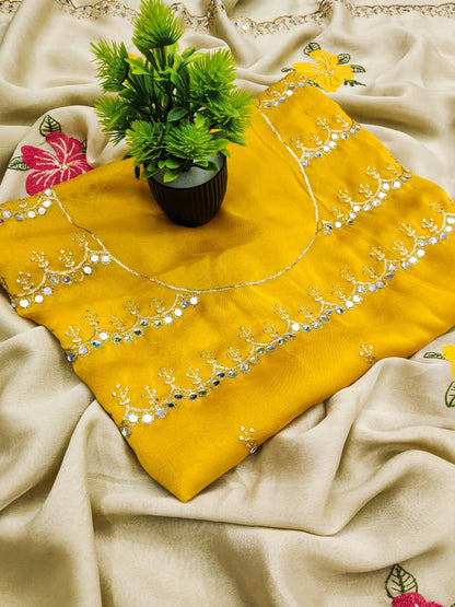 Rangoli Floral Embroidered Saree with Mirror Work Border & Mustard Designer Blouse