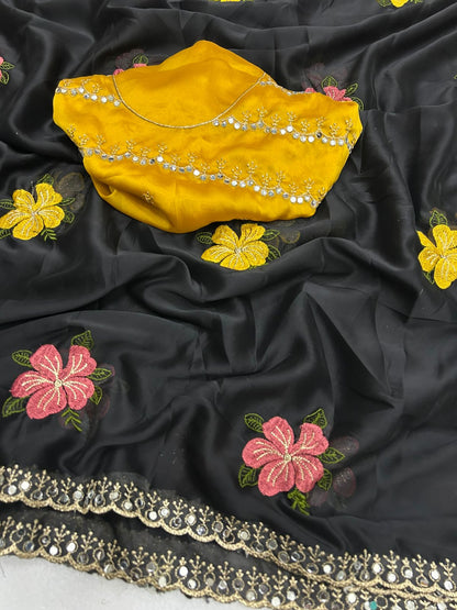 Rangoli Floral Embroidered Saree with Mirror Work Border & Mustard Designer Blouse