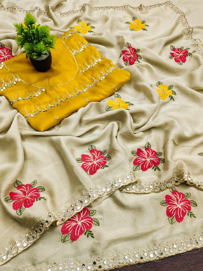 Rangoli Floral Embroidered Saree with Mirror Work Border & Mustard Designer Blouse