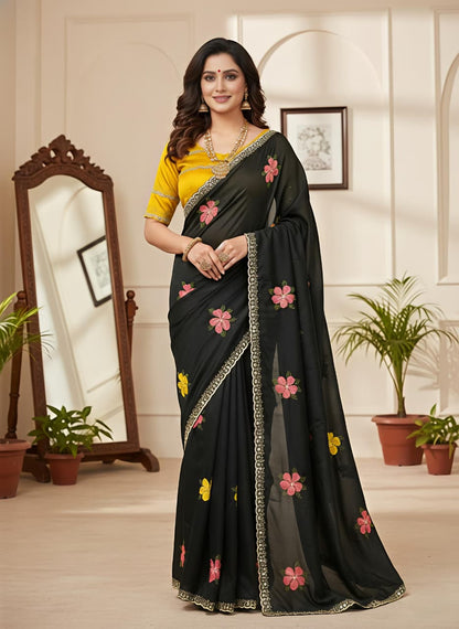 Rangoli Floral Embroidered Saree with Mirror Work Border & Mustard Designer Blouse