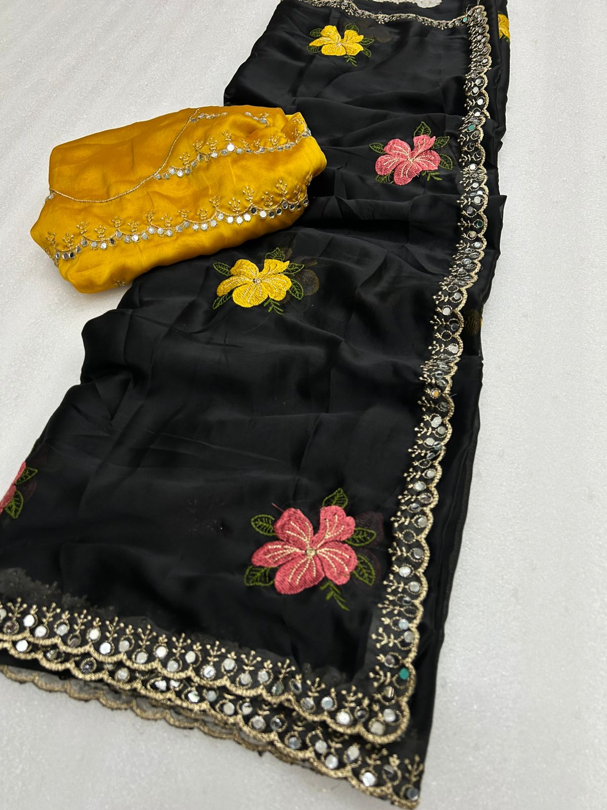Rangoli Floral Embroidered Saree with Mirror Work Border & Mustard Designer Blouse