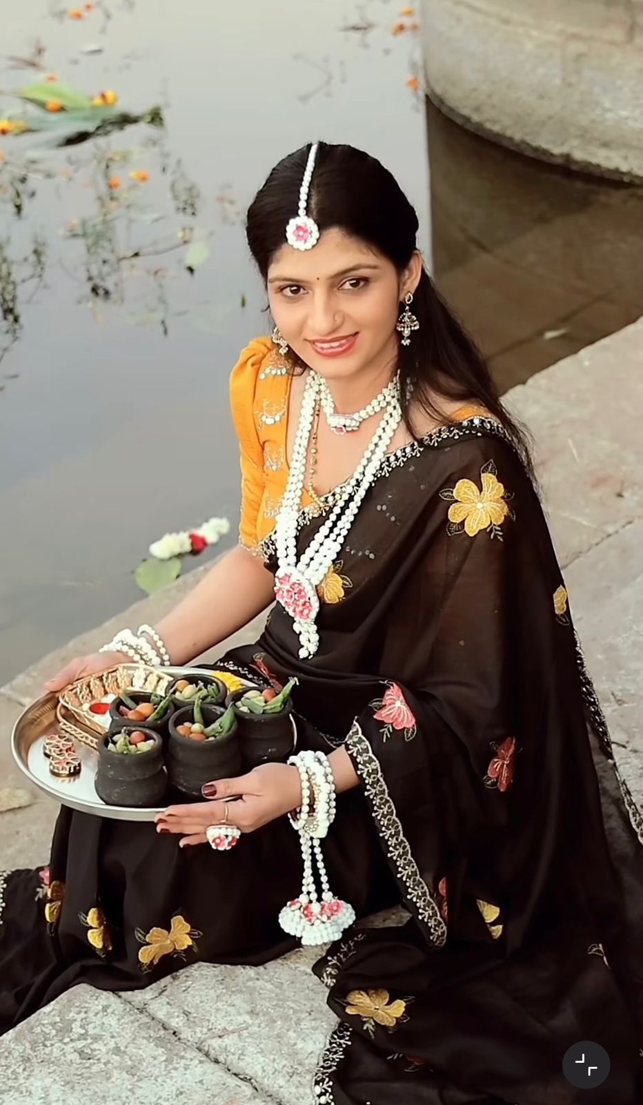 Rangoli Floral Embroidered Saree with Mirror Work Border & Mustard Designer Blouse