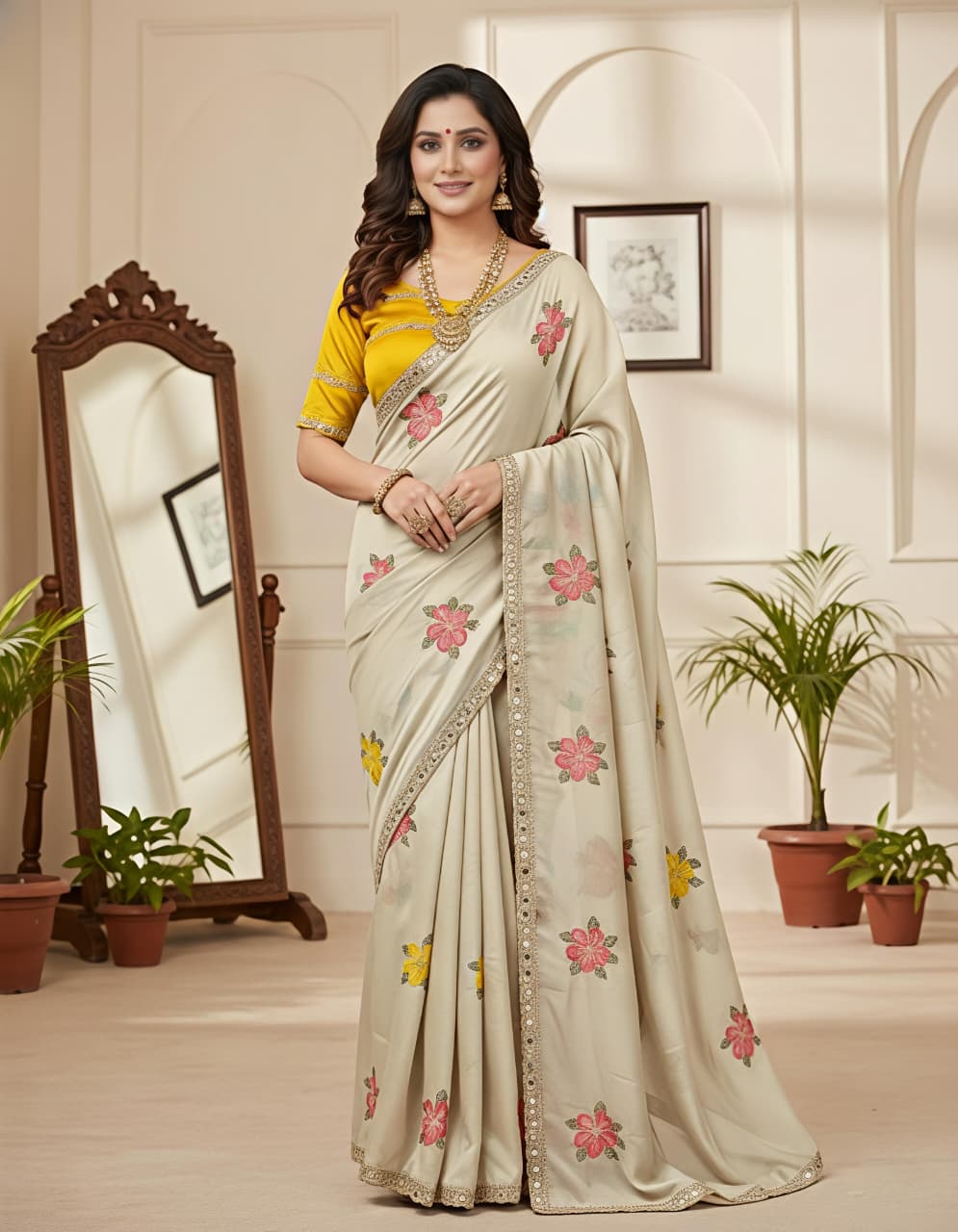 Rangoli Floral Embroidered Saree with Mirror Work Border & Mustard Designer Blouse