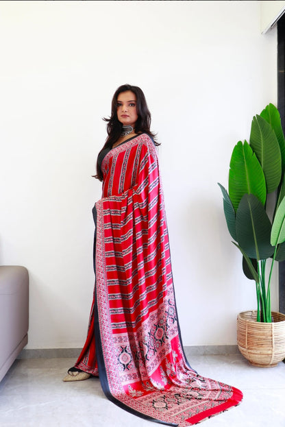 Red Ajrakh Digital Printed Saree – Traditional Ethnic Wear by Ashwara Creations