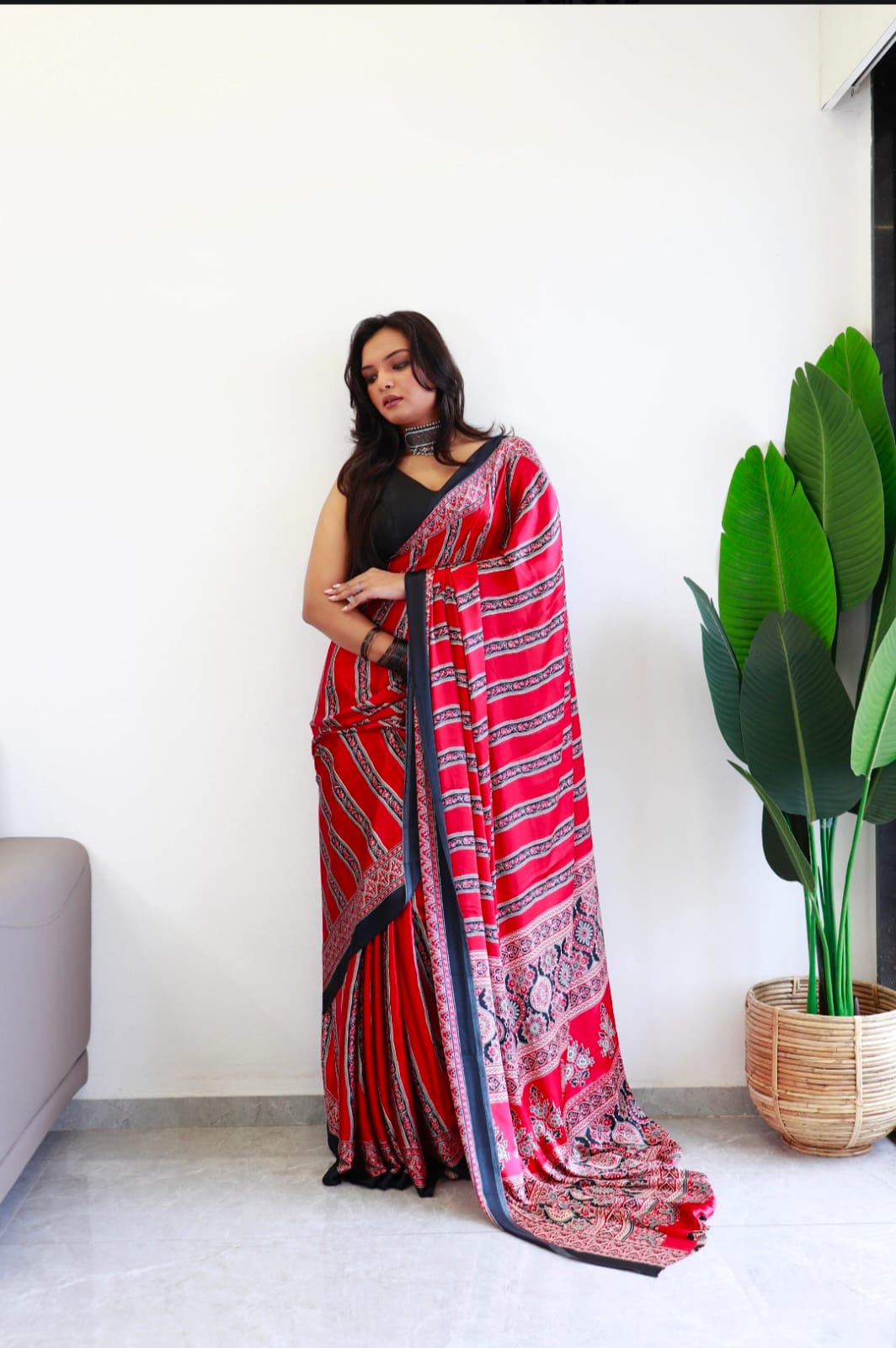 Red Ajrakh Digital Printed Saree – Traditional Ethnic Wear by Ashwara Creations