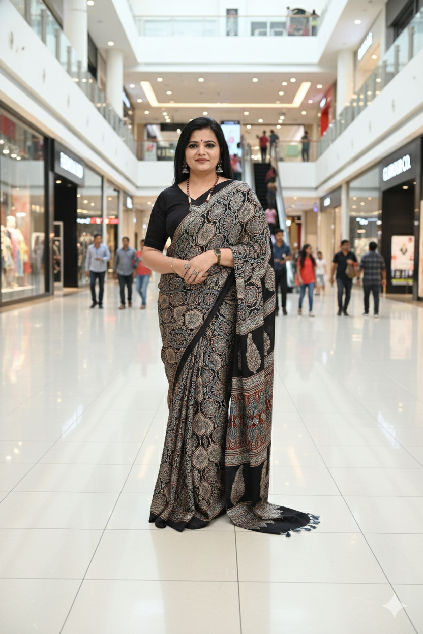 Premium Black Soft Silk Saree with Ajrakh Motifs & Designer Border