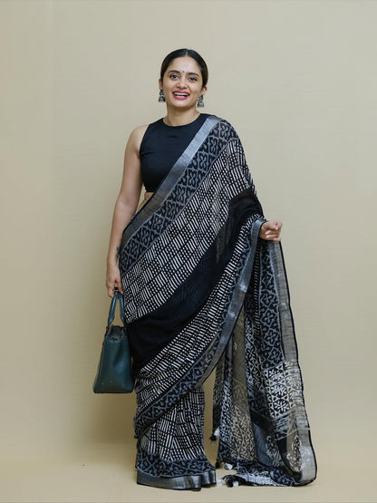 Royal Black Ajrakh Printed Saree