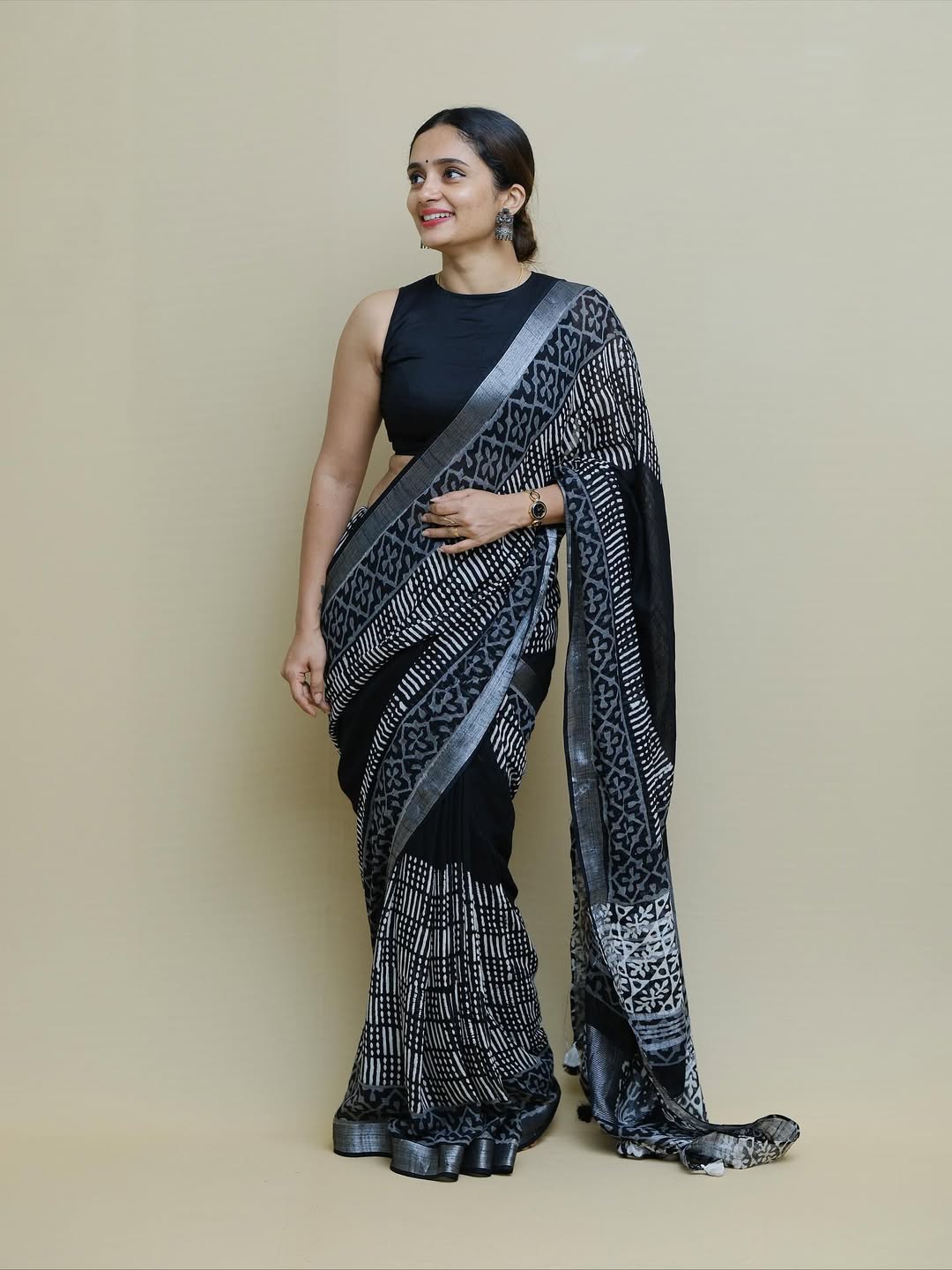 Royal Black Ajrakh Printed Saree