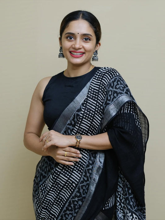 Royal Black Ajrakh Printed Saree