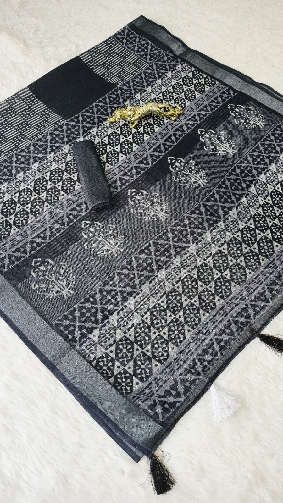 Royal Black Ajrakh Printed Saree