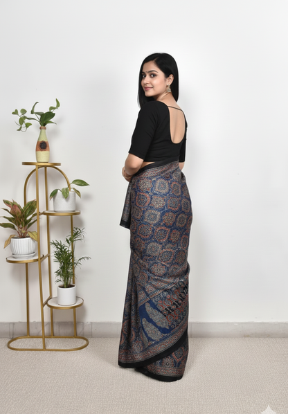 Premium Navy Blue Ajrakh Soft Silk Saree with Rich Designer Pallu