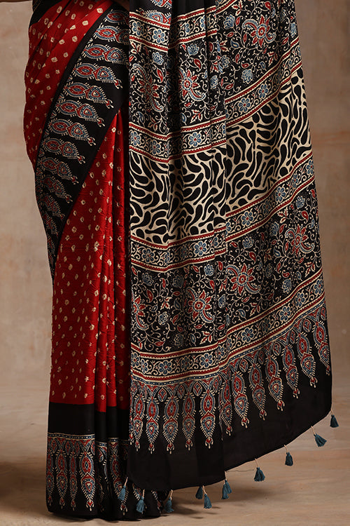 Jahangir Khatri Black & Red Ajrakh Bandhani Modal Saree – Festive & Ethnic Wear Elegance