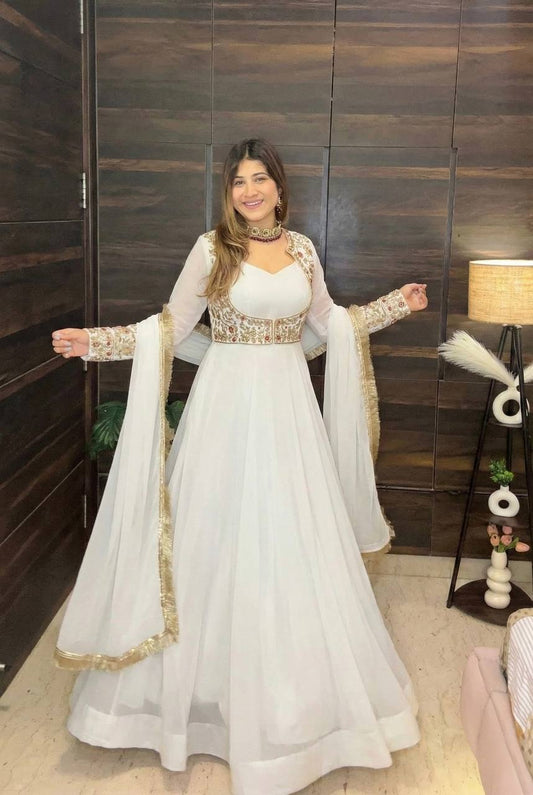 Designer Faux Georgette Maxi Anarkali Suit Set with Koti, Pant & Dupatta