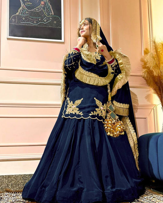 Luxury Natural Crepe Silk Embroidered Lehenga Set with Beads Handwork & Dupatta