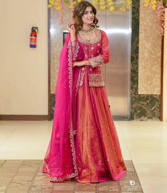 Luxury Simmer Silk Embroidered Lehenga Set with Moti Work & Organza Dupatta