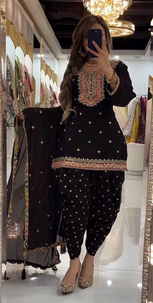 Faux Georgette Dhoti Salwar Set with Heavy Embroidery